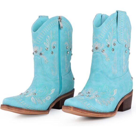 Shoes - Women's Blue Embroidered Side Zipper Comfortable Chunky Heel Western Boot